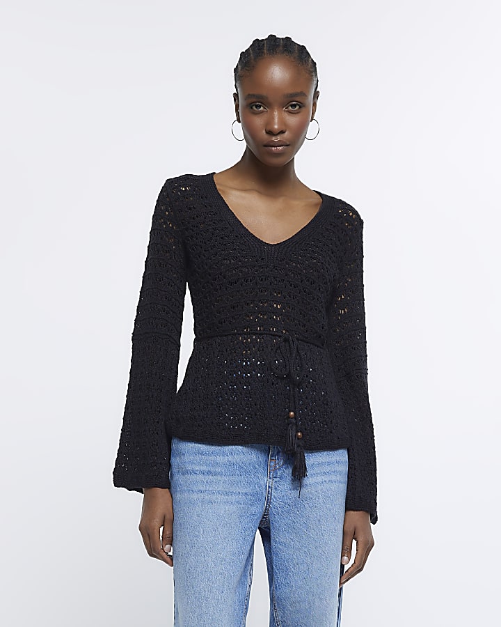 Black crochet long sleeve top