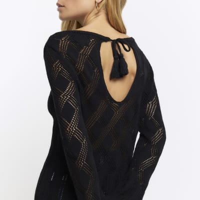 Black crochet top long sleeve sale
