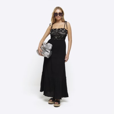 River Island Womens Black Crochet Tiered Maxi Dress