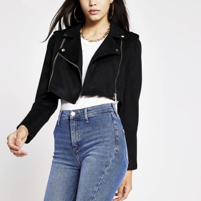 Black crop double zip biker jacket River Island