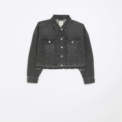 Black cropped denim jacket River Island
