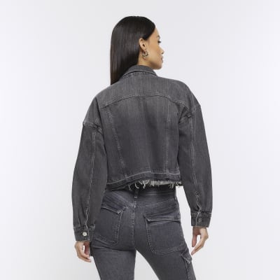 Black cropped denim jacket River Island