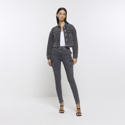 Black cropped denim jacket River Island