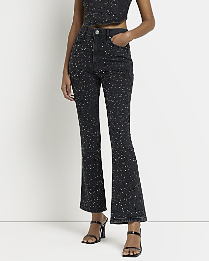Black cropped high waisted flared jeans