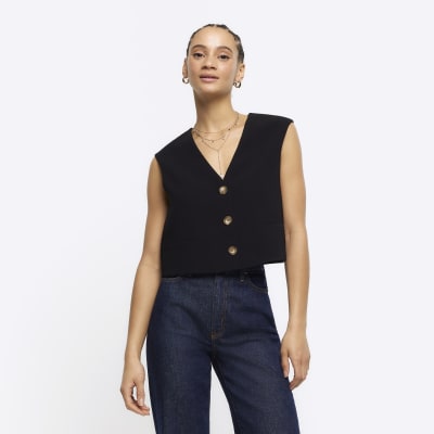 Black Cropped Waistcoat River Island