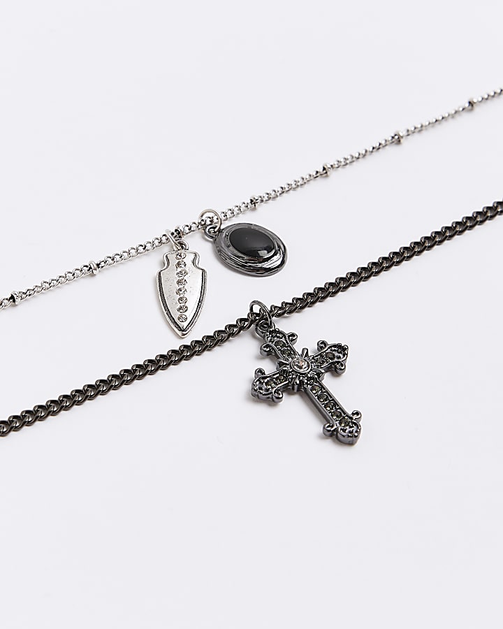Black Cross and Stone Long Necklace