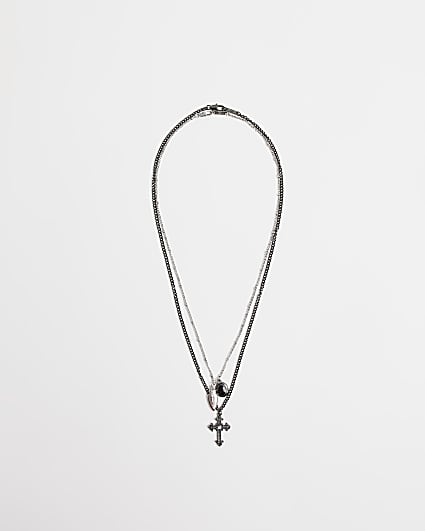 Black Cross and Stone Long Necklace