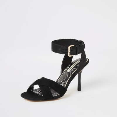 Black cross strap high heeled sandal