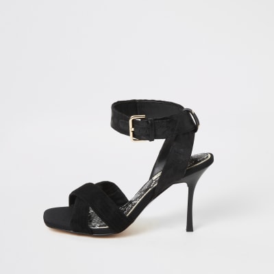 Black cross strap high heeled sandal