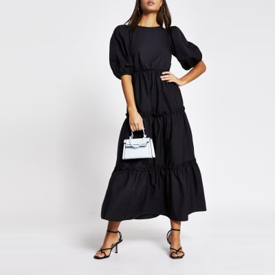Black cross tie back midi smock dress River Island