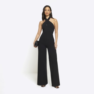 River Island wide leg puff sleeve satin jumpsuit in black