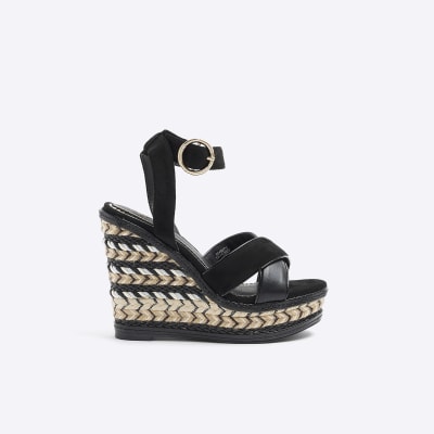 Black crossed wedge espadrille sandals