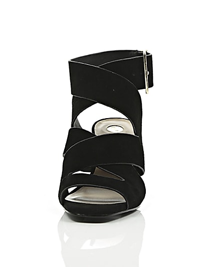 360 degree animation of product Black crossover wide fit block heel sandals frame-3