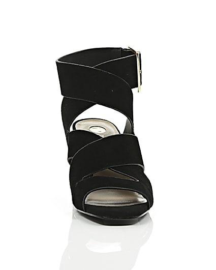 360 degree animation of product Black crossover wide fit block heel sandals frame-4