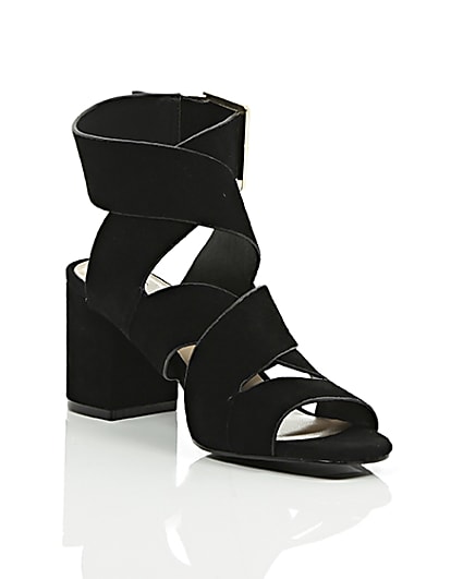 360 degree animation of product Black crossover wide fit block heel sandals frame-6
