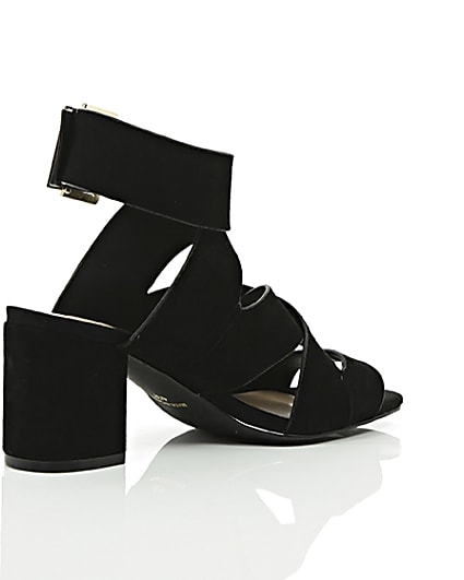 360 degree animation of product Black crossover wide fit block heel sandals frame-12