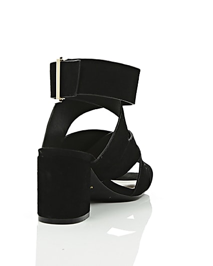 360 degree animation of product Black crossover wide fit block heel sandals frame-14