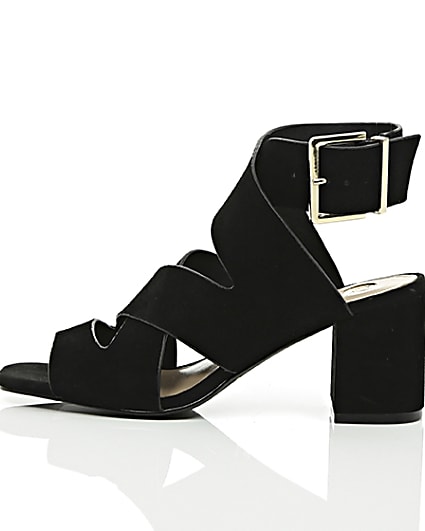 360 degree animation of product Black crossover wide fit block heel sandals frame-21
