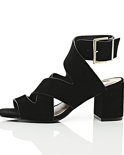 360 degree animation of product Black crossover wide fit block heel sandals frame-22
