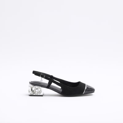 Black crystal heel sling back shoes | River Island