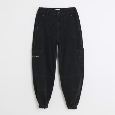 Black cuffed cargo jeans River Island