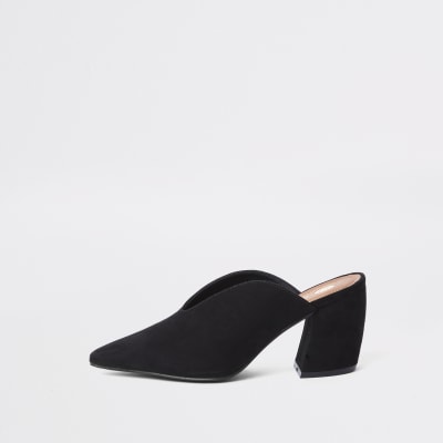 Black curved heel mules