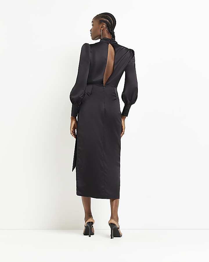 Black cut out long sleeve wrap midi dress