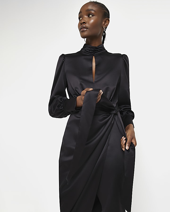Black cut out long sleeve wrap midi dress