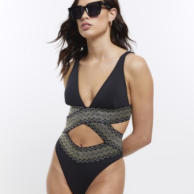 Black cut out plunge swimsuit River Island