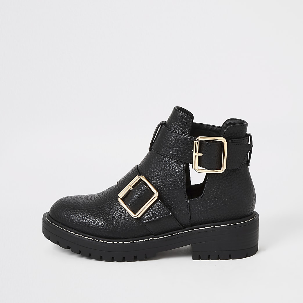 Black cutout buckle side chunky ankle boots | River Island