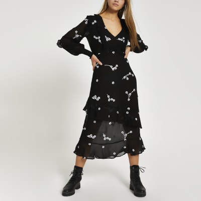 Black daisy embroidered frill midi dress