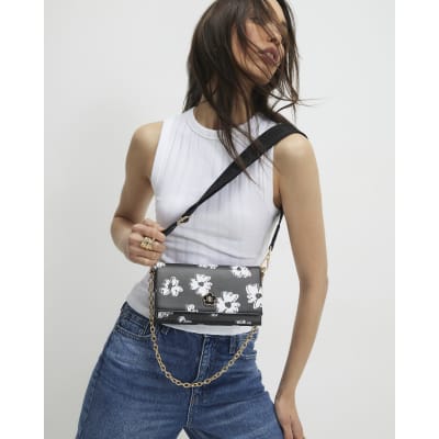 Black Daisy Print Cross Body Bag