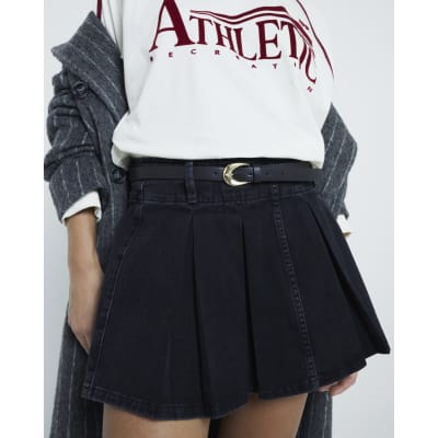 Black Denim Belted Pleated Mini Skirt | River Island