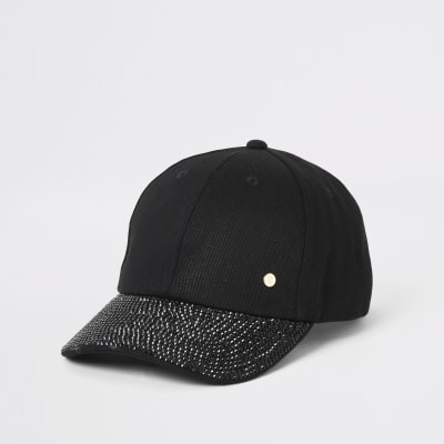 Black denim embellished peak hat