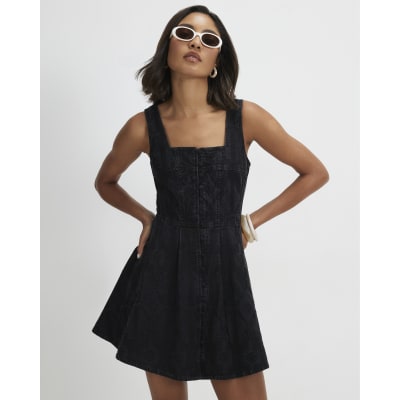 river island black denim dress Black Denim Embroidered Swing Dress