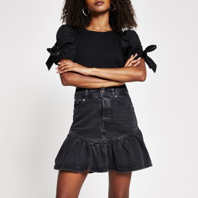 fitted black denim skirt