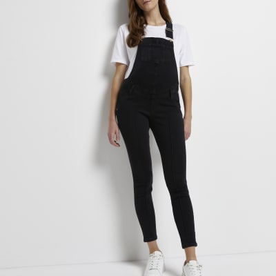 Black denim maternity dungarees | River Island