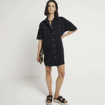 River Island Womens Black Denim Mini Shirt Dress