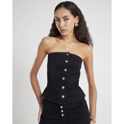 Black Denim Pinstripe Bandeau Top