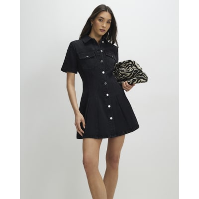 washed black seam front denim mini dress Black Front Zip Denim Mini Dress main image 0
