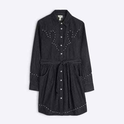 Black Denim Studded Mini Shirt Dress | River Island