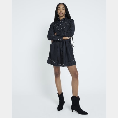 Black Denim Studded Mini Shirt Dress | River Island