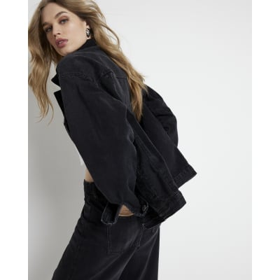 Black denim jacket river island best sale