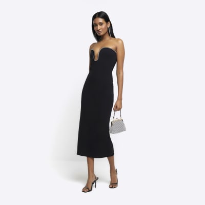 Black diamante bandeau midi dress River Island