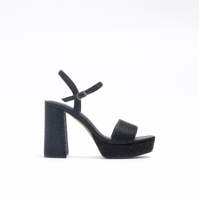 Black diamante block heeled sandals River Island