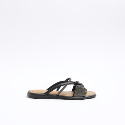 River Island Womens Black Diamante Bow Flat Sandals