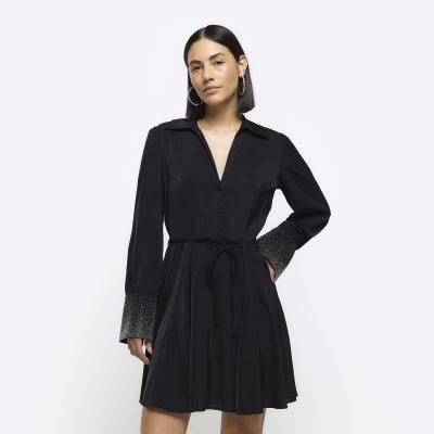 Black diamante cuff mini shirt dress | River Island