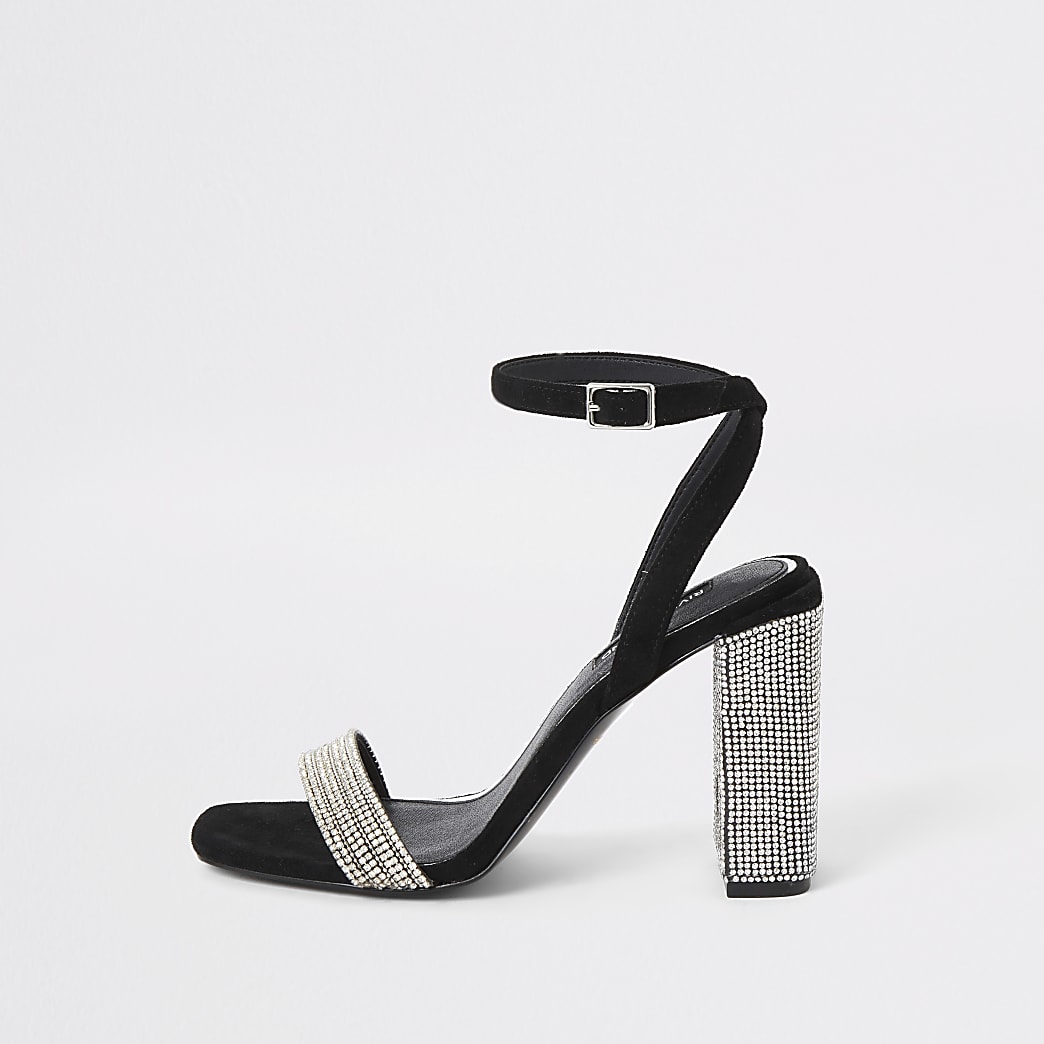 Black diamante embellished block heel sandals | River Island