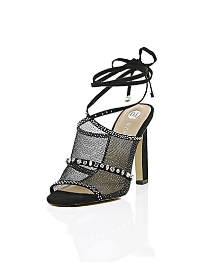 360 degree animation of product Black diamante embellished tie up sandals frame-1