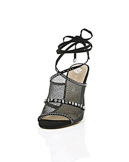360 degree animation of product Black diamante embellished tie up sandals frame-2